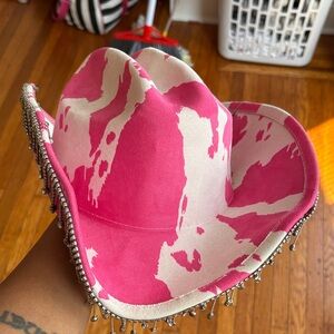 Hat Attack Pink and White Cowboy Hat with Beaded Fringe